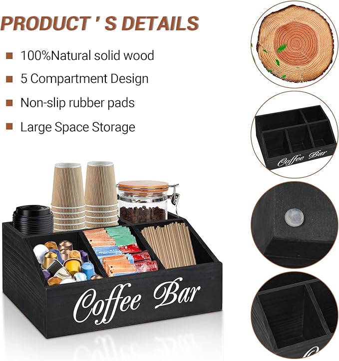ugiftt Coffee Station Organizer for Counter, Wood Coffee Pods Holder Storage Basket, Tea Condiment Storage Organizer, Rustic Coffee Bar Decor for Coffee Accessories Organizer - Image 7