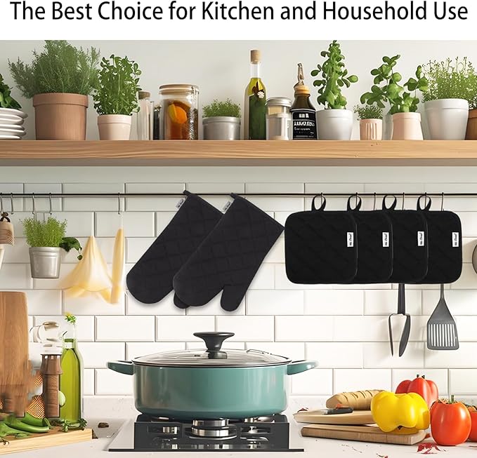Oven Mitts and Pot Holders Sets,6 Pcs Oven Mitts and Potholders with Recycled Cotton High Heat Resistant Extra Thick Long Oven Mitts for Cooking(Black) - Image 6