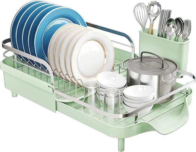 SNTD Dish Drying Rack, Expandable Dish Rack for Kitchen Counter, Stainless Steel Dish Drainer with Drainboard Set and Utensil Holder (Green) - Image 8