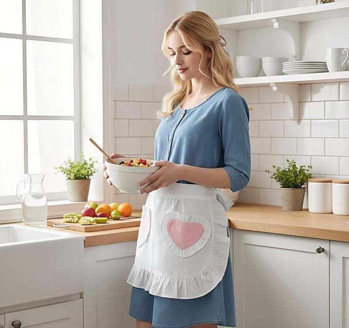 Women’s Waist Aprons with White Pockets Half Server Home Waitress Vintage Servant Apron for Kitchen Cooking