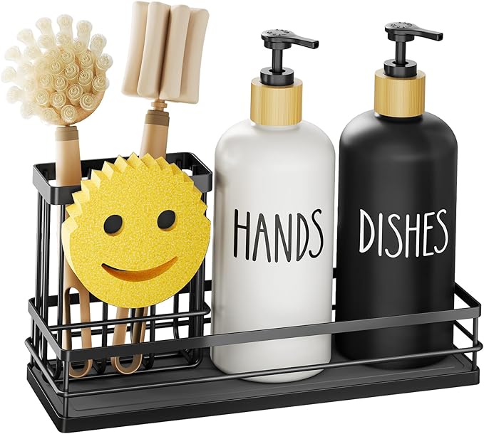 Moforoco Kitchen Dish Soap Dispenser Set, 16OZ Glass Bottle, Hand and Dish Soap Dispenser Set, Instant Dry Tray, Brush Holder with Smiley Face Sponge Holder (Black Tray+Black&White Bottle) - Image 8