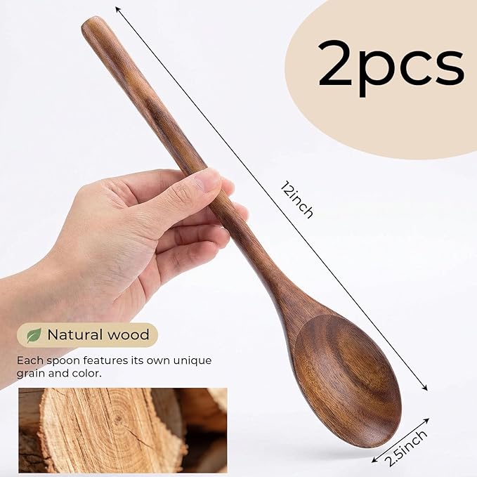 HAKSEN 2PCS Wooden Cooking Spoons, Natural Acacia Wood Kitchen Utensil, 12Inch Large Wooden Mixing Spoons for Nonstick Cookwares, Comfort Grip, Durable, Kitchen Gifts for Women, Cooking Gifts for Men - Image 7