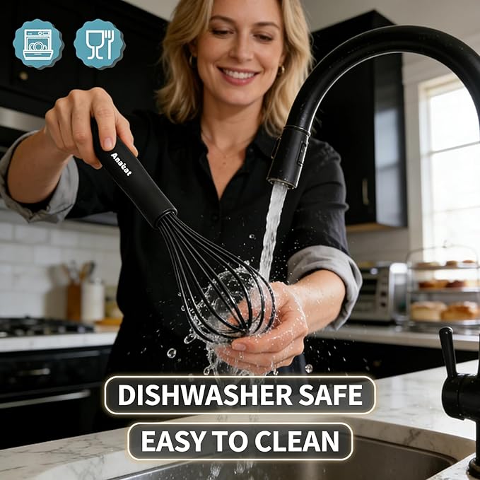 Anaeat Silicone Kitchen Whisk Set of 4, Perfect for Non-Stick Cookware, Egg Beater Milk Blender for Whisking, Cooking, Baking, Beating - 11'' Flat Whisk and 9''+11''+12'' Balloon Whisks (Black) - Image 9