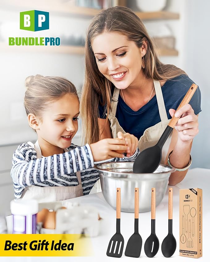 Pack of 4 Silicone Cooking Utensils Set, Non Stick Solid Spatulas and Heat Resistant Slotted Spoons with Wooden Handle, Ideal Wood Kitchen Utensils Set for Frying,Serving,Turning,Stirring (BLACK) - Image 7