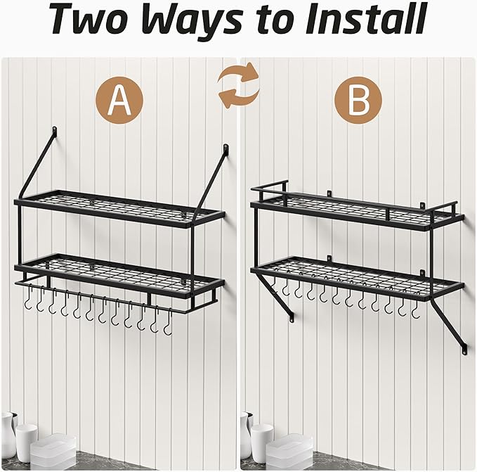 KES 30-Inch Kitchen Pot Rack - Mounted Hanging Rack for Kitchen Storage and Organization - Matte Black 2-Tier Wall Shelf with Guard Rail for Pots and Pans Organizer with 12 Hooks - KUR215S75B-BK - Image 8