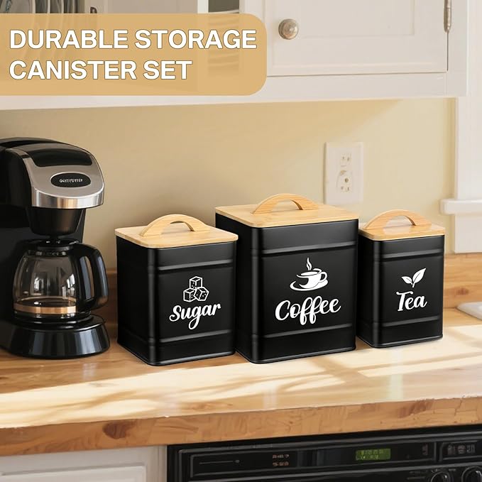 Maxdot 3 Set Coffee Sugar Tea Containers, Square Airtight Kitchen Canisters Storage Ground Organization with Bamboo Lids Rustic Metal Jars for Coffee Bar Beans, Tea Leaves, Food, Countertop(Black) - Image 6