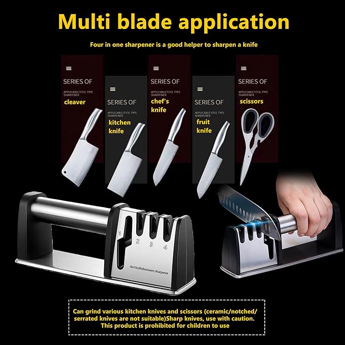 Knife Sharpeners, 4 in 1 Professional Chef's Kitchen Knife Accessories, Kitchen Blade & Scissors Sharpening Tool, Versatile Manual Knife Sharpener, Easy to Use, for Kitchen Knife - Image 8