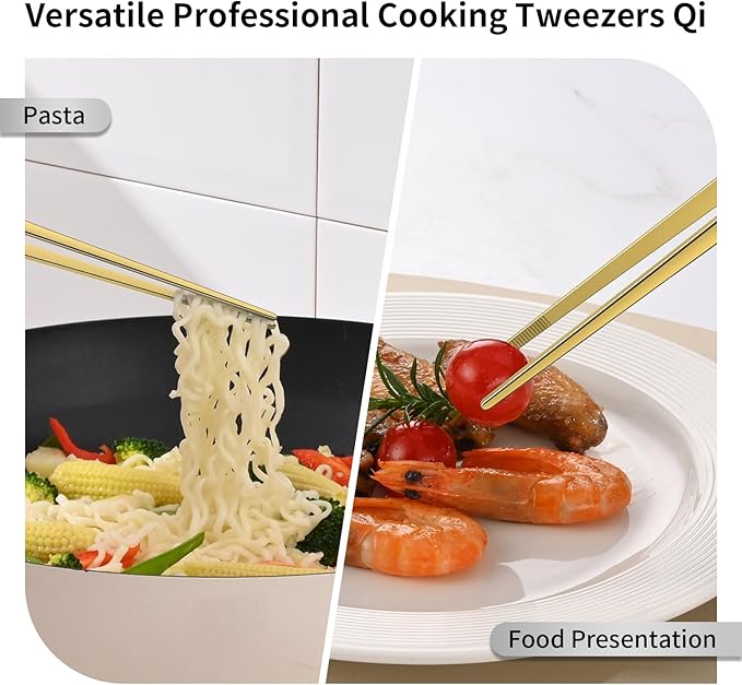 DEHOV 12 Inch Gold Stainless Steel Kitchen Tweezers For Cooking Tongs Set of 2, Metal Long Food Tweezers, BBQ Grill Tongs For Pasta
