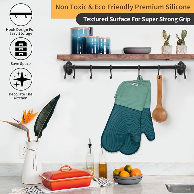 Silicone Oven Mitt Pack,Cotton Lined Gloves, BPA-Free, Long Cooking Mitts and Trivet Mats, Silicone Grilling Gloves for BBQ, 2 Pieces, (Green) - Image 6