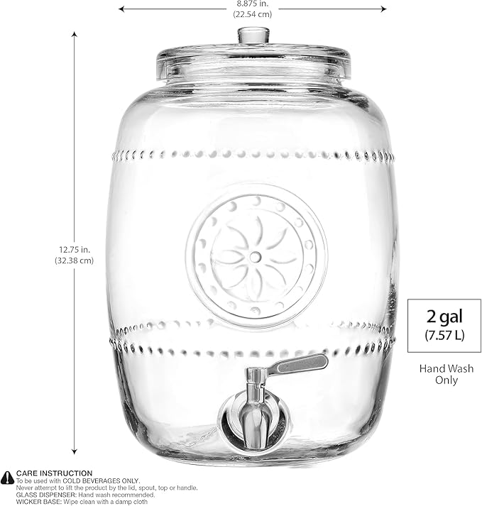 2.5 Gallon Glass Beverage Dispenser with Stainless Steel Spigot With Pinwheel Design 100% Leakproof Glass Drink Dispenser for Parties with Spout, Airtight Beverage Dispenser for Water Juice Laundry