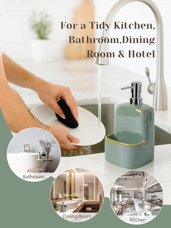 INGOFIN Kitchen Dish Soap Dispenser with Sponge Holder, 2-in-1 Ceramic Refillable Hand Soap Bottle & Sponge Caddy Set, for Kitchen Sink Organizer and Bathroom, Green