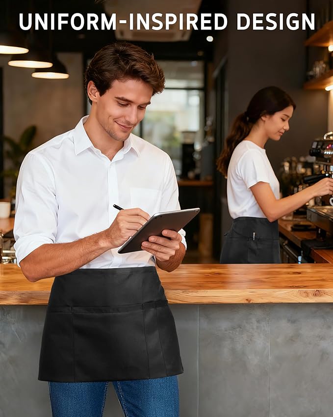Syntus Server Apron for Men Women, Waitress Waist Apron, Black 1/3/12 Packs - Image 7