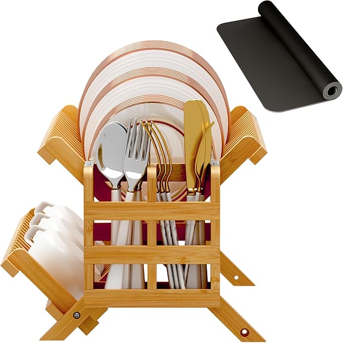 Greenual Bamboo Dish Drying Rack with Utensil Holder, 2 Tier Collapsible Dish Rack, Wooden Dish Racks for Kitchen Counter, Folding Drying Holder with Absorbent Dish Drying Mat - Image 7
