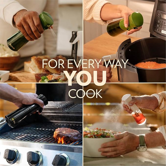 FLAIROSOL OLIVIA Oil Sprayer for Cooking, 200ml Glass Olive Oil Sprayer, Continuous Oil Spray Bottle with Portion Control, Oil Dispenser for Kitchen, Air Fryer, Salad, BBQ (Green Bottle, Gold Print) - Image 8