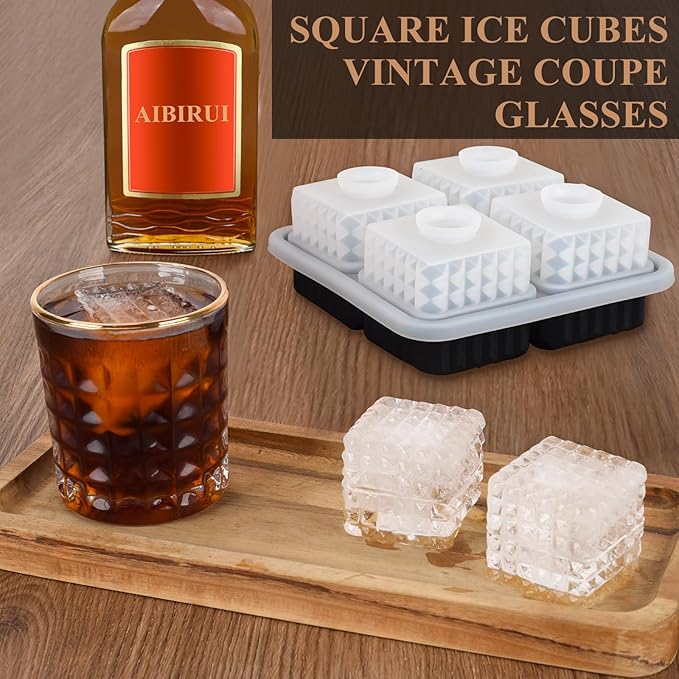 2-Inch Whiskey Ice Cubes Mold,2 Pack Silicone Ice Cube Trays with Lid, Diamond Textured Large Square Ice Cube Mold,Bourbon Ice Cube Molds,Ice Tray-Ice Molds for Whiskey,Cocktails,Old Fashioned