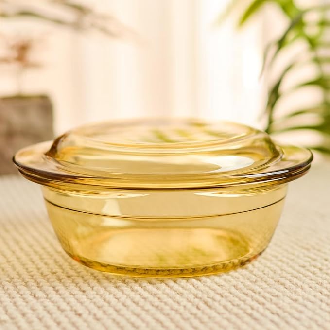 Amber Borosilicate Glass Casserole Dish with Lid - 1.5 Qt Round Baking Dish with Handles - Heat Resistant Cookware for Oven, Microwave, Dishwasher & Freezer