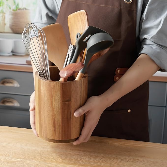 Bivvclaz Acacia Wood Utensil Holder, 360°Rotating 7.2" Utensil Holder for Kitchen Counter, Large Kitchen Utensil Holder, Cooking Utensil Crock for Countertop, Farmhouse Kitchen Decor and Accessories - Image 7