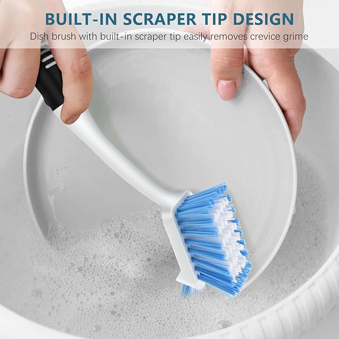 SetSail Dish Brush Set of 3 with Bottle Brush, Dish Scrub Brush with Long Handle Deep Cleaning Handle Brush with Scraper Tip for Kitchen Sink Dishes Bottle Cup Pot and Pans Tile Lines, Black Blue - Image 7