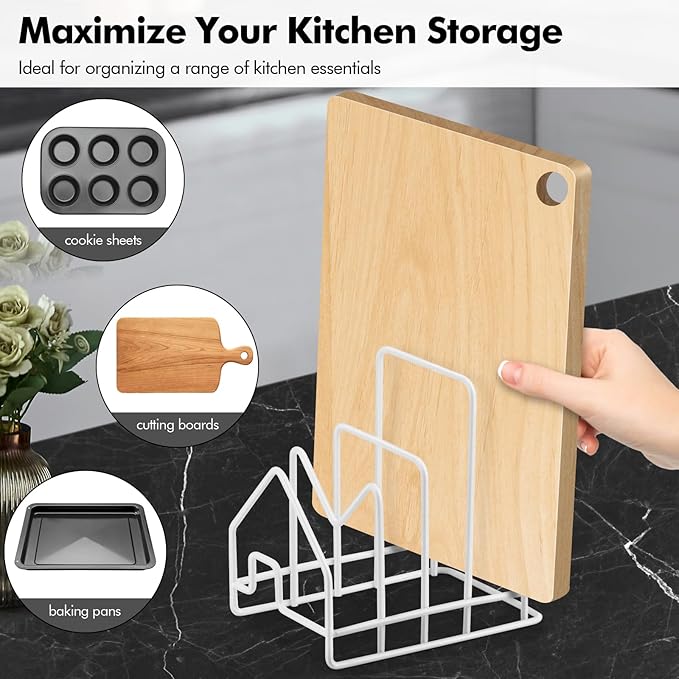 Poeland Kitchen Pot Lid Organizer, Pan Rack with 4 Compartments, Pantry Organizer Rack for Dinnerware, Bakeware, Cookware, Cutting Boards, Pan Lids (Small Size, White) - Image 7