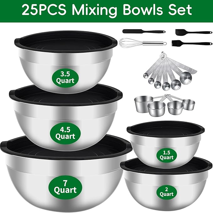 WEPSEN Mixing Bowls Set, 25PCS Stainless Steel Mixing Bowl with Lid Set, Large Nesting Bowls 7, 4.5, 3,2, 1.5QT, Measuring Cups and Spoons Baking Utensils Metal Bowl for Kitchen Prep - Image 9