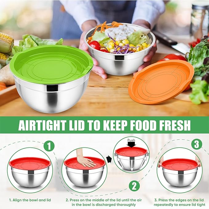 P&P CHEF Multicolor Mixing Bowls with Lids, Set of 3, Stainless Steel Salad Nesting Bowl for Mixing, Storing, Prepping, Airtight & Stackable, Size 4.6/3 /1.5 QT - Image 7