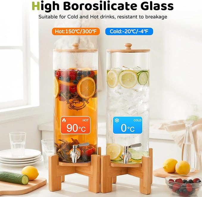 MOBYKE 2 PCS 1.6 Gallon Drink dispenser, Large Water Glass Beverage Dispenser With Wood Stand for Parties With Stainless Steel Spigot, Ideal for Lemonade,Juice, Tea, and Party Drinks