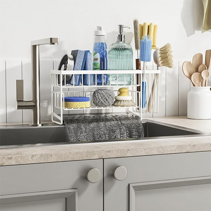 Cisily White 2-Tier Kitchen Sink Caddy Organzier Rack with Flexible Dish Brush Holder, Sponge Holder for Kitchen Sink Countertop Organization Storage,Home Decor Accessories - Image 6