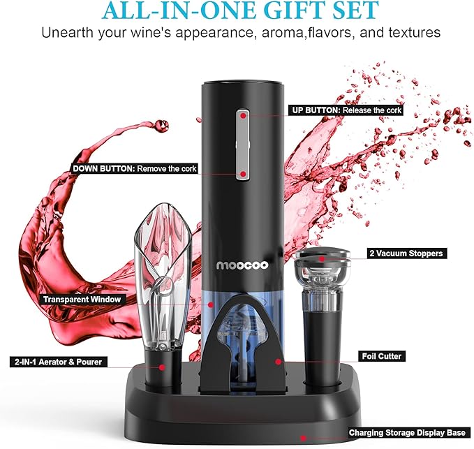 Moocoo Electric Wine Opener with Charging Base, Cordless Electric Wine Bottle Opener with 2-in-1 Aerator &Pourer, Foil Cutter, 2 Vacuum Preservation Stoppers, Display Charging Station for Easy Storage - Image 6