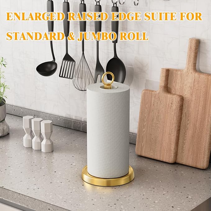 Gold Paper Towel Holder Countertop, Gold Kitchen Accessories Decor, One-Handed Tear, Stainless Steel, Weighted Base, Ring Paper Towel Holder Stand with Ratchet System for Kitchen Farmhouse Essentials