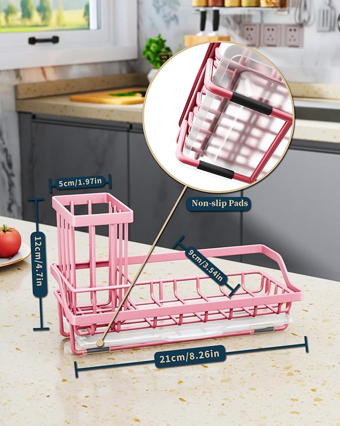 Consumest Sponge Holder for Kitchen Sink - Kitchen Sink Caddy Organizer with Removable Drip Tray for Countertop Dish Soap Dispenser Brush Storage Accessories 304 Stainless Steel, Pink - Image 7