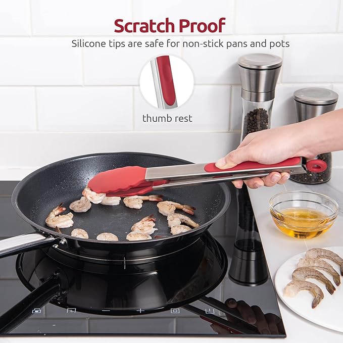 600ºF Heat Resistant Kitchen Tongs: U-Taste 12 inch Large Silicone Cooking Tong with Sturdy Non Stick Rubber Tips & Silicon Coated 18/8 Stainless Steel Handle & Smooth Locking for Serving Grill (Red) - Image 9