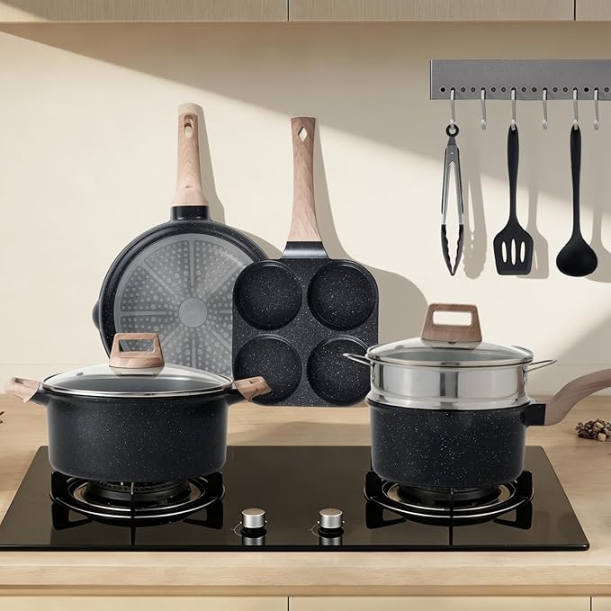 NEWBULIG 25-Piece Nonstick Cookware Set, Granite Pots and Pans with Lids, Induction Compatible Nonstick Cooking Set with Frying Pans & Saucepans, Black