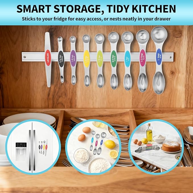 Magnetic Measuring Spoons Set of 9 with Leveler, Color-Coded Dual Sided Stainless Steel Measuring Spoon Set, Stackable Teaspoon and Tablespoon Set for Baking, Cooking, Kitchen Gadgets Dishwasher Safe - Image 9