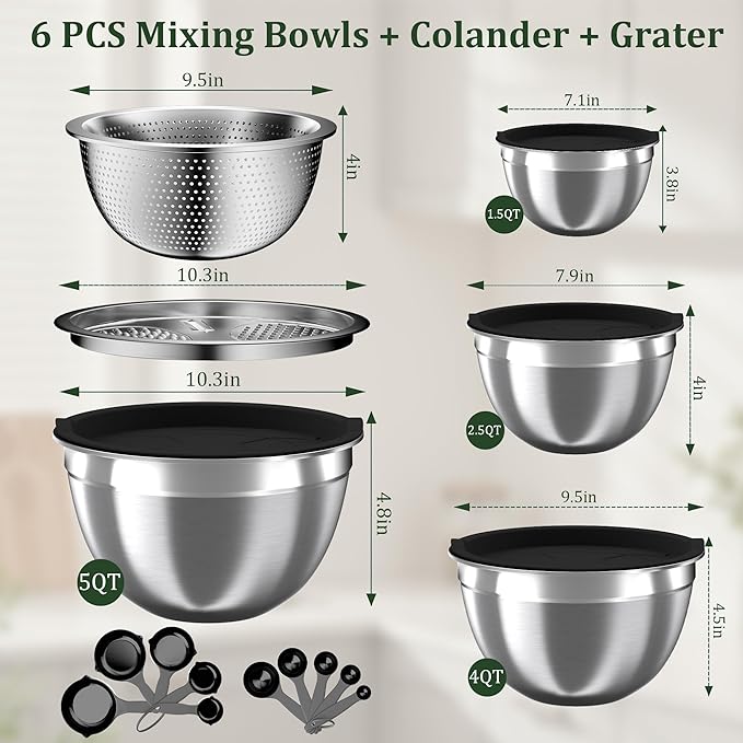Nicdiet Mixing Bowls with Lids Set, 16PCS Stainless Steel Mixing Bowls,Nesting Storage Bowls for Kitchen with Mixing Bowl, Colander, Strainer & Grater, Metal Salad Bowl for Kitchen Gadgets, Black - Image 8