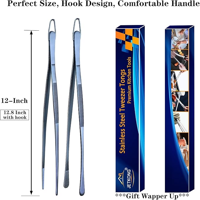 JETKONG 2 Pcs 12-Inch Cooking Tweezer Tongs Stainless Steel Kitchen Tweezers Plating Tongs (Navy Blue) - Image 7