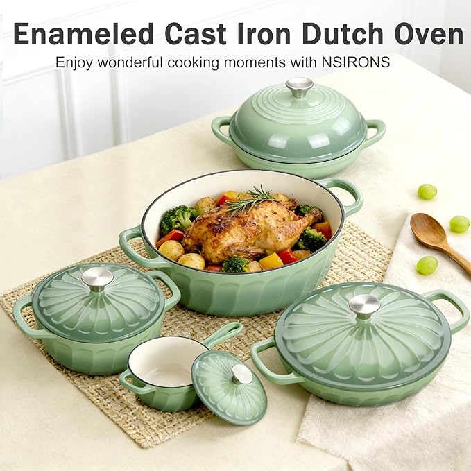 Enameled Cast Iron Sauce Pan With Lid, 1 Quart Cast Iron Saucepan with Lid, Heavy Duty Small Dutch Oven Pot for Cooking Pasta Sauce, Soup, Milk, Oven Safe up to 500°F (Fig Green)
