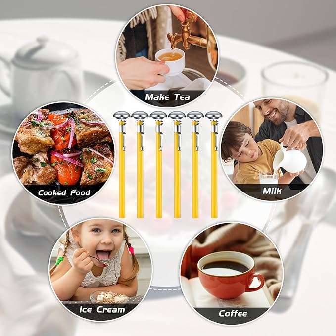 Xuhal 6 Pcs Stainless Steel Kitchen Thermometer with 5 Inch Long Stem 1 Inch Dial Thermometer Milk Frothing Food for Oven Probe Meat Grill BBQ Cooking Chocolate Water(Yellow) - Image 6