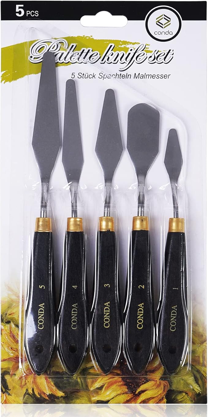 conda Palette Knife Painting Stainless Steel Spatula Palette Knife Oil Paint Metal Knives Wood Handle (Black 5 Piece) - Image 7