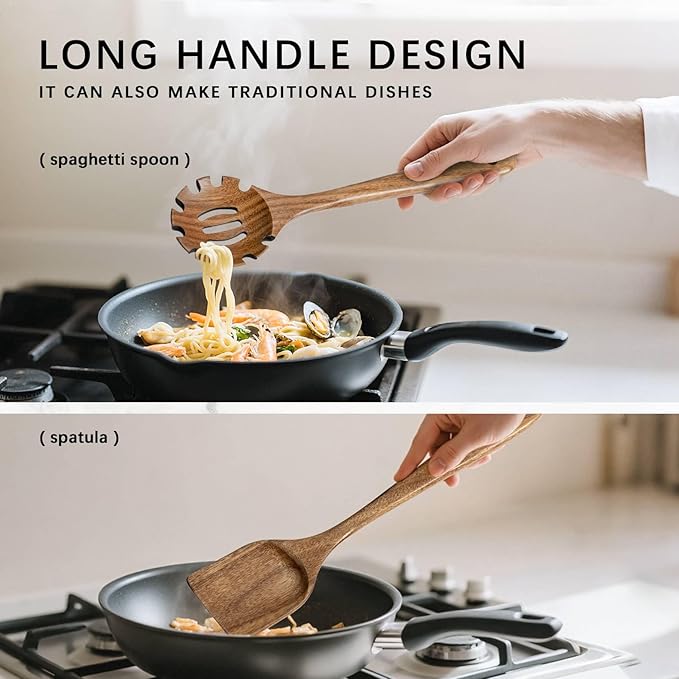 Wooden Spoons for Cooking, Nonstick Cooking Utensil Set with 9 Piece Acacia Wooden Spatulas and Spoons for Cooking, Terrific for Everyday Kitchen Tasks - Image 5