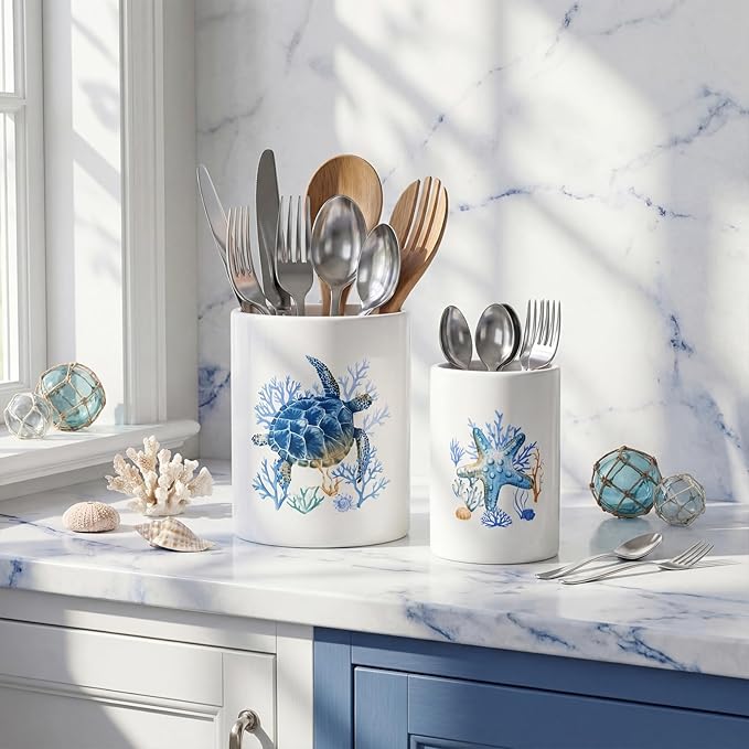 Bokon 2 Pack Ceramic Utensil Holder 6.3" + 5.1" Ocean Theme Coastal Kitchen Crocks for Countertop Storage, Sea Turtle & Starfish Design, Decorative Utensil Organizer for Beach House Decor