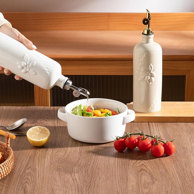 Sweejar Ceramic Olive Oil Dispenser Bottle for Kitchen Counter, 20 oz Oil Dispenser with Spout, Avocado Oil Cruet for EVOO, Vinegar, Oil Container for Cooking, Pack of 1 (Beige)