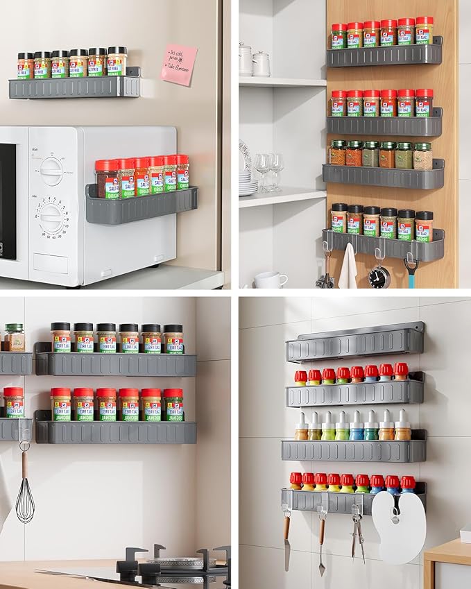 Nieifi Spice Rack Wall Mount, Spice Organizer for Spice Jars, Screw or Adhesive Hanging Organizer for Kitchen Cabinet or Pantry Door, 4 Pack, Grey, ABS Plastic - Image 8