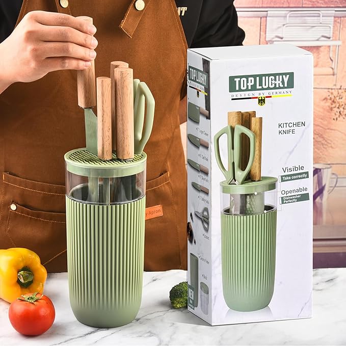 Knife Set, 6-Piece Kitchen Knife Set with Sharp Chef and Meat Knives, Anti-Rust Utility Knives Set for Kitchen, Kitchen Knife Block Set (Green)