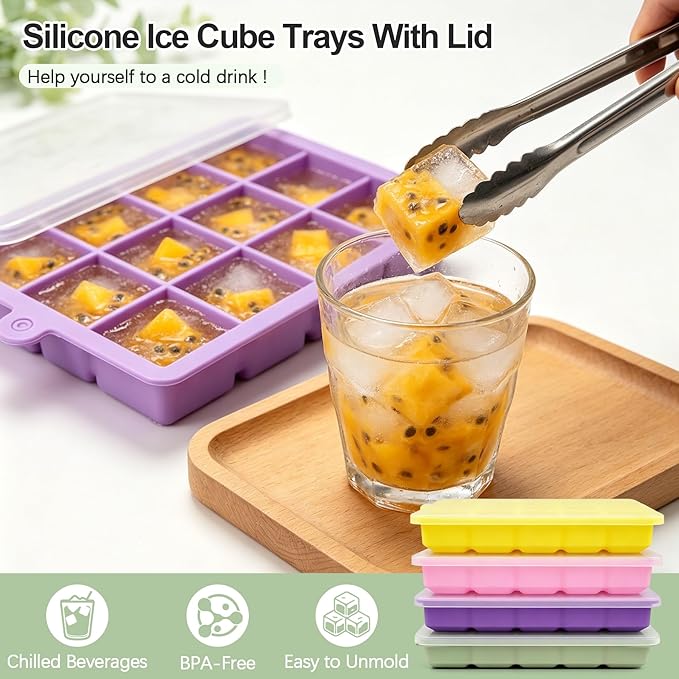 Silicone Ice Cube Trays with Lid, 4 Pack Easy Release Ice Cube Molds for Freezer, Stackable BPA Free Ice Trays for Whiskey, Cocktails, Coffee and Drinks