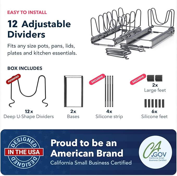 Better Things Home 5.5” Wide 12-Slot Adjustable Pot Lid Organizer with Scratch-Free Pads, Expandable Pot Lid Holder Rack for Cabinet, Small to Medium Pots and Pans Organizer Inside Cabinet - Image 6
