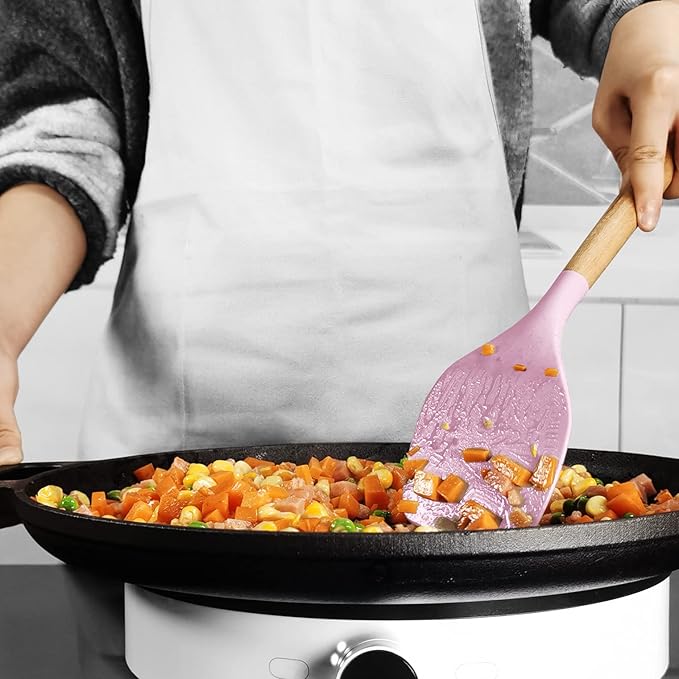 Silicone Kitchen Utensils Set - 446°F Heat Resistant Cooking Utensil Sets, Spatula,Turner,Tongs,Spoon,Brush,Whisk, Wooden Handle Silicone Kitchen Gadgets Tools for Non-Stick Cookware BPA Free (Pink) - Image 9