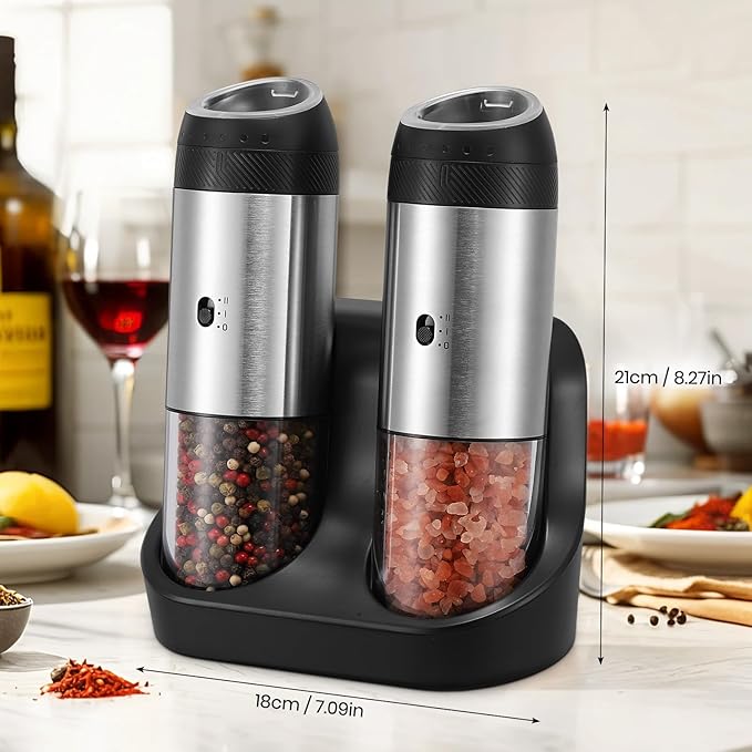 Rechargeable Gravity Electric Salt Grinder Set with Variable Grinding Speed, External Adjustable Coarseness,Charging Base and White LED Light,Stainless Steel - Image 9