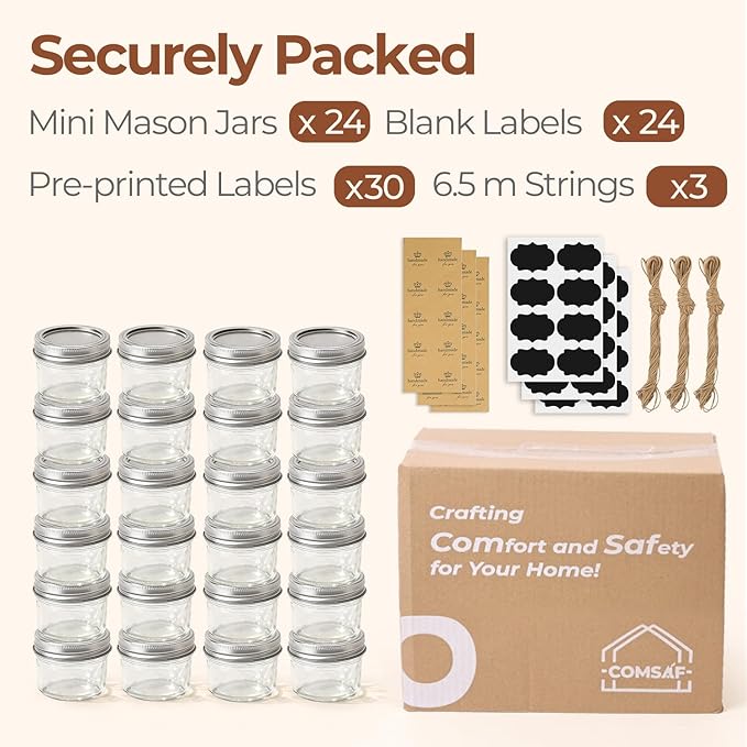 ComSaf Small Regular Mouth Mason Jars Bulk 4oz 24PCS Mini Mason Containers, Small Canning Jars, 4 oz Glass Jar with Lids for Mustards, Dipping Sauces, Jelly, DIY Candle Decor, Wedding Shower Favors - Image 8