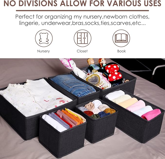 Criusia 6 Pack Clothes Drawer Organizer Dividers, Fabric Foldable Closet Dresser Drawer Organizer for Clothing, Bra Sock Underwear Drawer Organizer for Nursery Bedroom Organization (6 Bins, Black) - Image 8