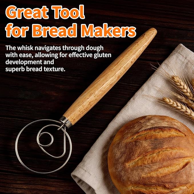Polly Online Dough Whisk,Wooden Handle Danish Sourdough Whisk with Stainless Steel Dough Hook for Bread, Pastry or Pizza Dough 13 Inch 1-PACK - Image 8